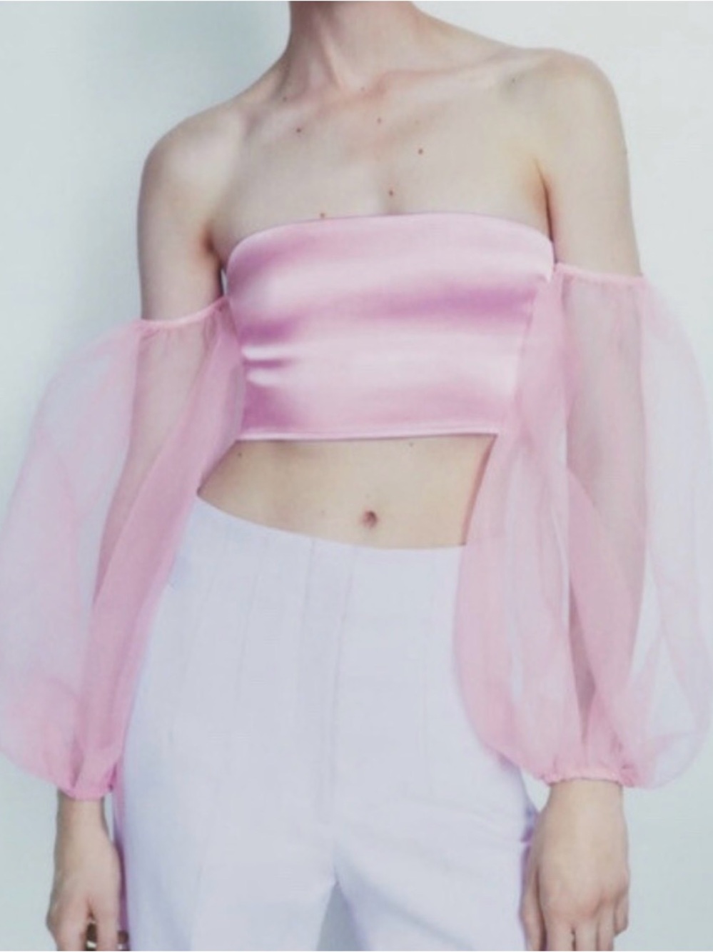 Zara Pink Satin Puff Sleeve Crop Top
